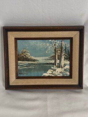 Vintage Barrister Painting Oil Canvas Winter Scene 5"x7" on 8"x10" Frame #4060 C